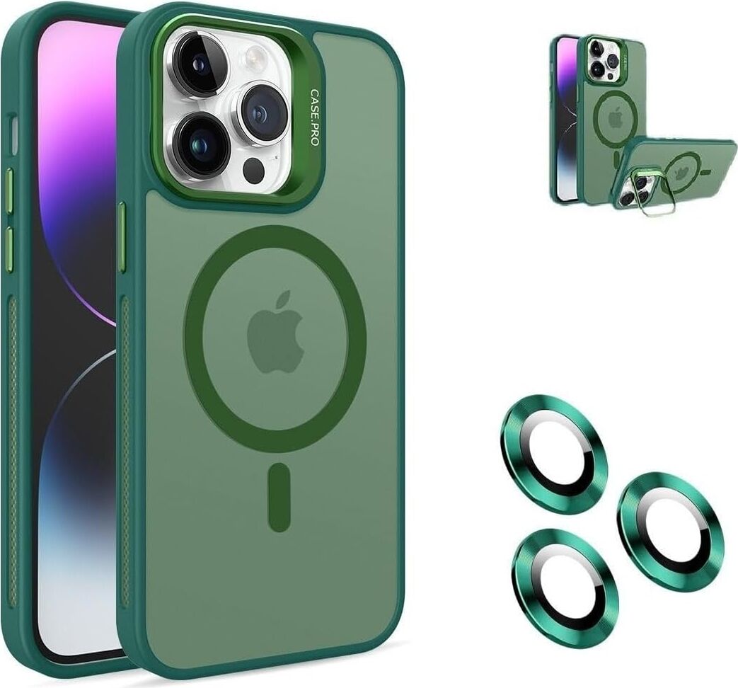 iPhone 16 Pro Max Kamera Korumalı Standlı Kılıf Magsafe ile Uyumlu Açılır Kamera Standlı Manyetik 16 Pro Max Kılıf + Lens Koruma Set Darbeye Karşı Korur (Dark Yeşil)