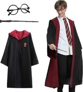 Harry Potter Gryffindor Kapişonlu Çocuk Kostüm + Asa + Gözlük Seti 5-6 Yaş