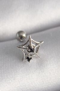 316L Çelik Gümüş Renk Siyah Zirkon Taş Detay Örümcek Ağ Model Tragus Piercing