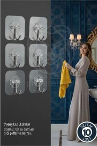 10'lu Şeffaf Yapışkanlı Askı, Mutfak Banyo Duvar Askısı, Çivisiz Pratik Kanca Seti