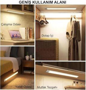 Sensörlü Alüminyum USB Şarjlı LED Gece Lambası, 3 Renk Kısılabilir, Mutfak Dolap Tezgah Için (40 Cm)