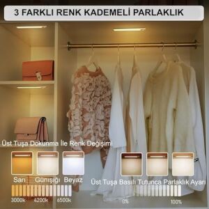 Sensörlü Alüminyum USB Şarjlı LED Gece Lambası, 3 Renk Kısılabilir, Mutfak Dolap Tezgah Için (40 Cm)