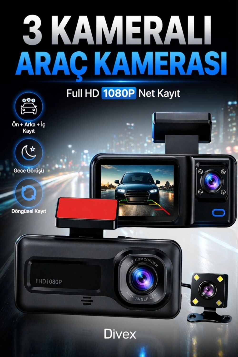 1080P Hd 3 Kameralı Araç Kamerası Ön Arka Iç Kayıt ve Park Destekli Gece Görüşlü
