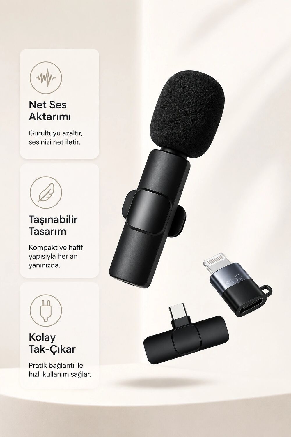 Kablosuz Yaka Mikrofonu Usb-C ve Lightning Adaptörlü Telefon Uyumlu Kompakt Ses Kiti