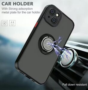 & Aksesuar iPhone 15 ile Uyumlu Arka Kısmı Mat Şeffaf Yapıya Sahip Manyetik Yüzük Stantlı Kenarları Silikon Tpu Malzemeden Üretilmiş Renkli Tuşlara Kamera Korumalı Transparan Kılıf (Kırmızı)