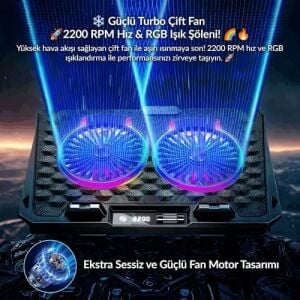 Odin Rgb Işıklı Gaming 2200RPM Çift Fan LED Display Laptop Notebook Soğutucu Stand