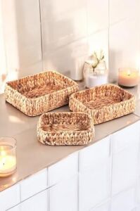 Doğal El Yapımı, Kare Bombeli Düzenleyici 3'lü Hasır Sepet - 32CM-28CM-24CM 3 Boy Set