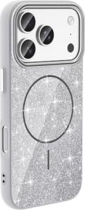 Psr Aksesuar iPhone Kılıf – M-Safe Uyumlu Parlayan Simli Okso Kapak, Darbe ve Kamera Koruma Silikon Case (Beyaz, iPhone 17 Pro)