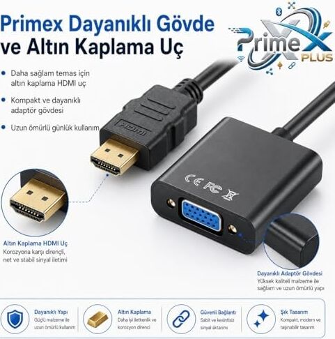 PX-1240S HDMI To VGA Çevirici Adaptör, 30 cm Dijital Görüntü Dönüştürücü, HDMI Erkek VGA Dişi, Full Hd Destekli Siyah Kablo Aparatı, Pc Laptop Projeksiyon Monitör Uyumlu