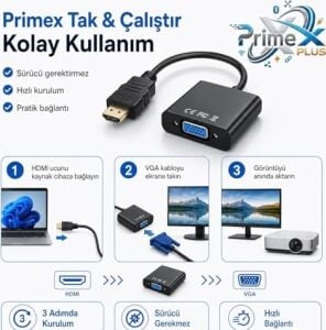 PX-1240S HDMI To VGA Çevirici Adaptör, 30 cm Dijital Görüntü Dönüştürücü, HDMI Erkek VGA Dişi, Full Hd Destekli Siyah Kablo Aparatı, Pc Laptop Projeksiyon Monitör Uyumlu