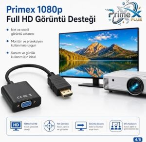 PX-1240S HDMI To VGA Çevirici Adaptör, 30 cm Dijital Görüntü Dönüştürücü, HDMI Erkek VGA Dişi, Full Hd Destekli Siyah Kablo Aparatı, Pc Laptop Projeksiyon Monitör Uyumlu