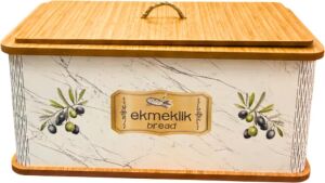 Geleneksel Tasarım Kapaklı Büyük Ekmeklik Dikdörtgen Ahşap Ekmek Sepeti Mermer Desenli