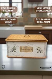 Geleneksel Tasarım Kapaklı Büyük Ekmeklik Dikdörtgen Ahşap Ekmek Sepeti Mermer Desenli