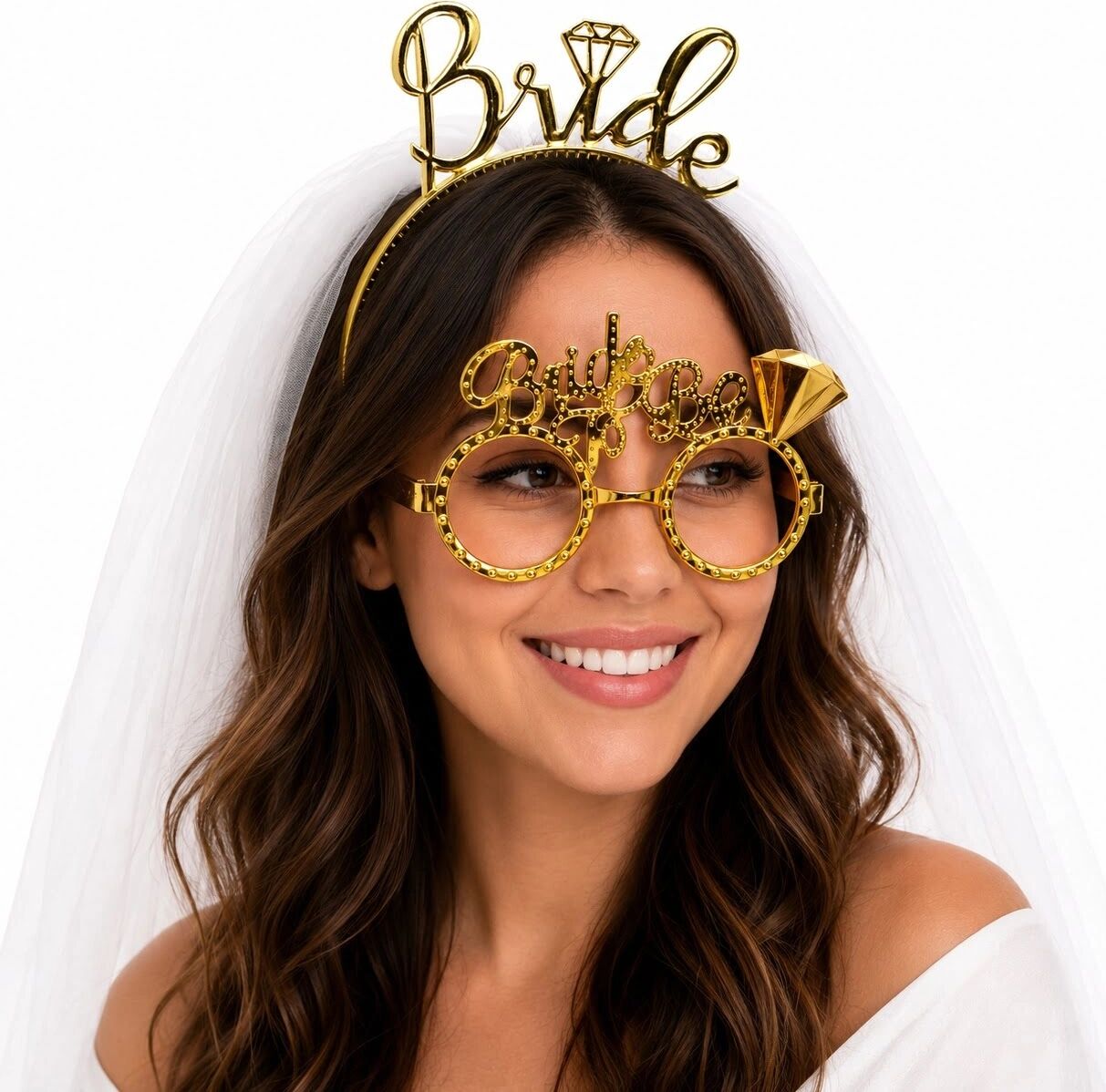 Bride Yazılı Gold Taç ve Parti Gözlüğü Seti