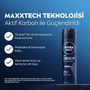 Men Erkek Sprey Deodorant Deep Darkwood 150ML, 72 Saat Anti-Perspirant Ter ve Ter Kokusuna Karşı Koruma, Maskülen Koku,aktif Karbon