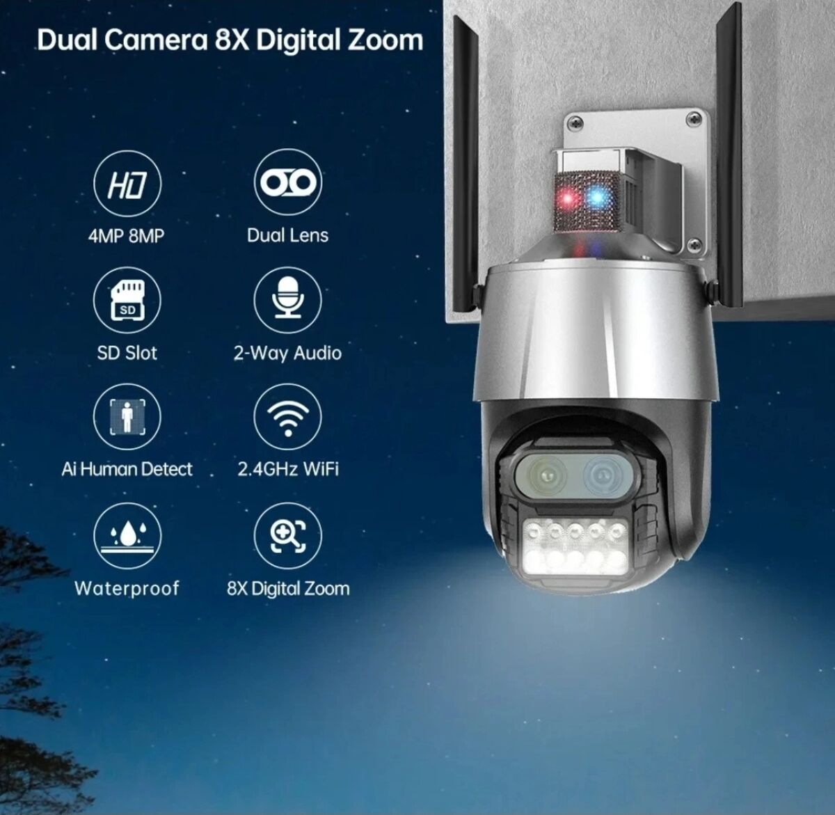 Çift Lensli 8x Zoom 4mp 4K Ultra Hd Hareketli Gece Görüşlü Dış Mekan Wifi Ip Kamera 2 Yıl Garantili