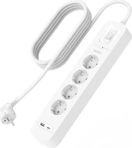 4'lü Çoklu Priz, Yüksek Gerilim Korumalı, Duvara Montaj, 4 Priz, 2 M Güç Kablosu, Yeşil Işıklı Gösterge, Hızlı Şarj Için USB C Pd’li Usb-C ve Usb-A Bağlantısı; 525 Jul Koruma