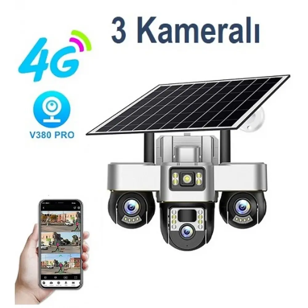 3 Kameralı Solar 4G 6MPixel Güvenlik Kamerası