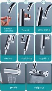 Krom Tasarruflu Şelale Musluk Başlığı 4 Modlu, Ayarlanabilir, Su Tasarrufu Sağlayan Pratik Başlık