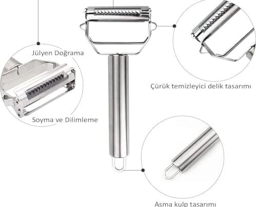 Paslanmaz Çelik Çift Taraflı Y Tipi Sebze Soyacağı, Bir Yüzü Düz, Diğer Yüzü Julienne Kesici Bıçaklı, Ergonomik Saplı, Patates Meyve ve Sebzeler Için Dayanıklı Mutfak Aparatı
