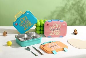 Beslenme Kutusu Paslanmaz Çelik - 700 ml 2 Bölmeli Taşıma Kulplu Çocuk Beslenme Kabı (Turuncu)