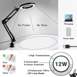 Büyüteçli Masa Lambası USB Güç Bağlantılı 10X Büyütmeli LED Işıklı Masaüstü Lamba 360 Derece Dönebilen Başlıklı Ayarlanabilir Parlaklık Seviyeli Esnek Kollu Çalışma Lambası | FLB06