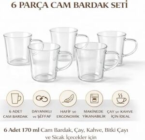 6’lı Cam Bardak Seti – 170 ml Kulplu Şeffaf Cam Kupa, Çay Kahve ve Bitki Çayı Bardakları, Bulaşık Makinesinde Yıkanabilir