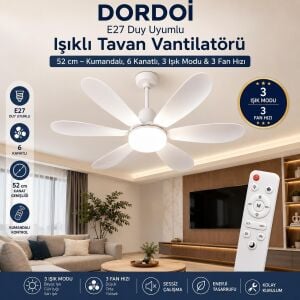 E27 Duy Uyumlu Işıklı Tavan Vantilatörü 52 cm – Kumandalı, 6 Kanatlı, 3 Işık Modu & 3 Fan Hızı