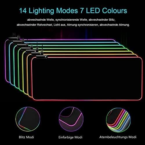 Owege Oyun Fare Altlığı Xxl 800 x 300 mm Rgb Fare Altlığı, Büyük, 14 Aydınlatma Modu, 7 LED Renk, Dikişli Kenarlar, Su Geçirmez, Kaymaz, Hassasiyeti Artırır, Komple Siyah
