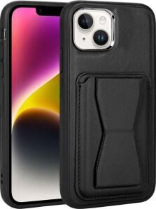 iPhone 14 Kılıf Pu Deri Kartlıklı Kamera Lens Korumalı Standlı Kapak Mem Siyah