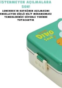 Bento 1120ML Lunchbox Dinozor Desenli Tek Katlı 3 Bölmeli Paslanmaz Çelik Sefer Tası Yemek Kutusu (Yeşil)