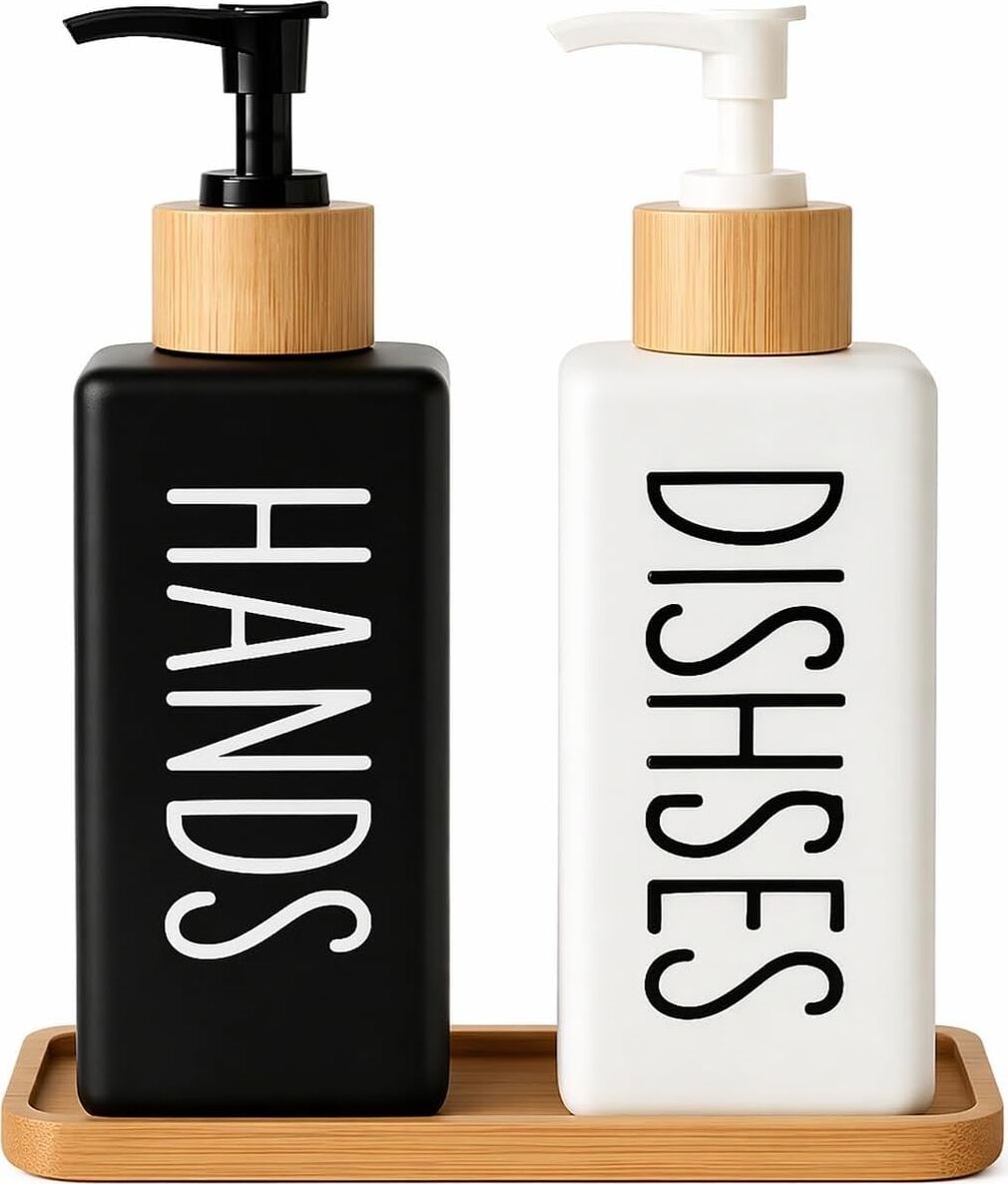 Minimalist Bambu Tepsili Siyah Beyaz Sabunluk ve Deterjan Dispenser Seti, Mutfak, Banyo ve Lavabo Için Şık, Dayanıklı, Kaymaz Tabanlı, Geniş Ağızlı, Kolay Dolumlu Sıvı Sabunluk & Bulaşık Deterjan Şiş