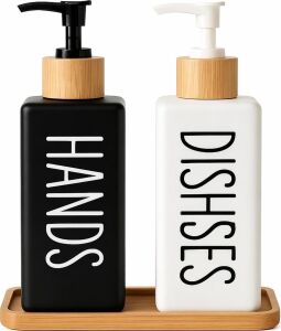 Minimalist Bambu Tepsili Siyah Beyaz Sabunluk ve Deterjan Dispenser Seti, Mutfak, Banyo ve Lavabo Için Şık, Dayanıklı, Kaymaz Tabanlı, Geniş Ağızlı, Kolay Dolumlu Sıvı Sabunluk & Bulaşık Deterjan Şiş
