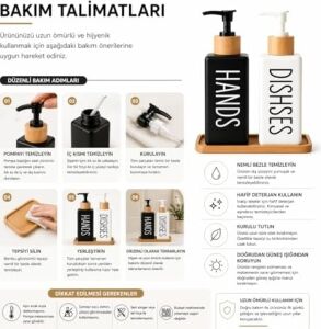Minimalist Bambu Tepsili Siyah Beyaz Sabunluk ve Deterjan Dispenser Seti, Mutfak, Banyo ve Lavabo Için Şık, Dayanıklı, Kaymaz Tabanlı, Geniş Ağızlı, Kolay Dolumlu Sıvı Sabunluk & Bulaşık Deterjan Şiş