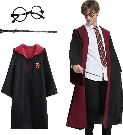 Harry Potter Gryffindor Kapişonlu Çocuk Kostüm + Asa + Gözlük Seti 7-8 Yaş
