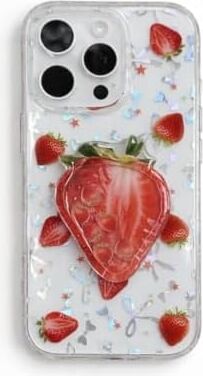 3D Çilekli Şeffaf Simli iPhone 13 Pro Uyumlu Kılıf – Kamera Korumalı, Darbe Emici Silikon