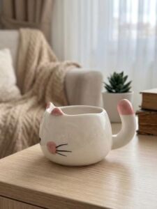Sevimli Kedi Kupa 3D Kabartmalı El Yapımı Krem Parlak Kupa - El Işçiliği 3D Hediyelik Kupa