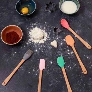 Silikon Spatula ve Fırça Seti, 5 Parça, Karışık Renkli, Bambu Saplı