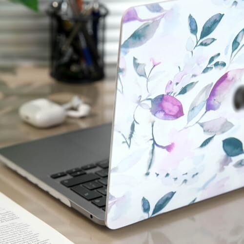 MacBook Air 13 Inç Kılıf A1369 A1466 Uyumlu Mor Çiçek Desenli Hard Case Sert Koruyucu Kapak Floral Printed Laptop Case 2010-2017 Beyaz