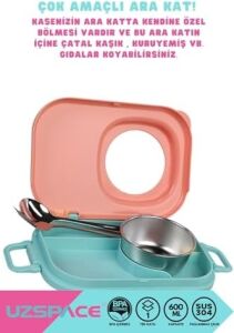 Uzspace Bento 1100ML Lunchbox Tek Katlı 3 Bölmeli Kaseli Çelik Sefer Tası Yemek Kutusu (Turuncu-Turkuaz)