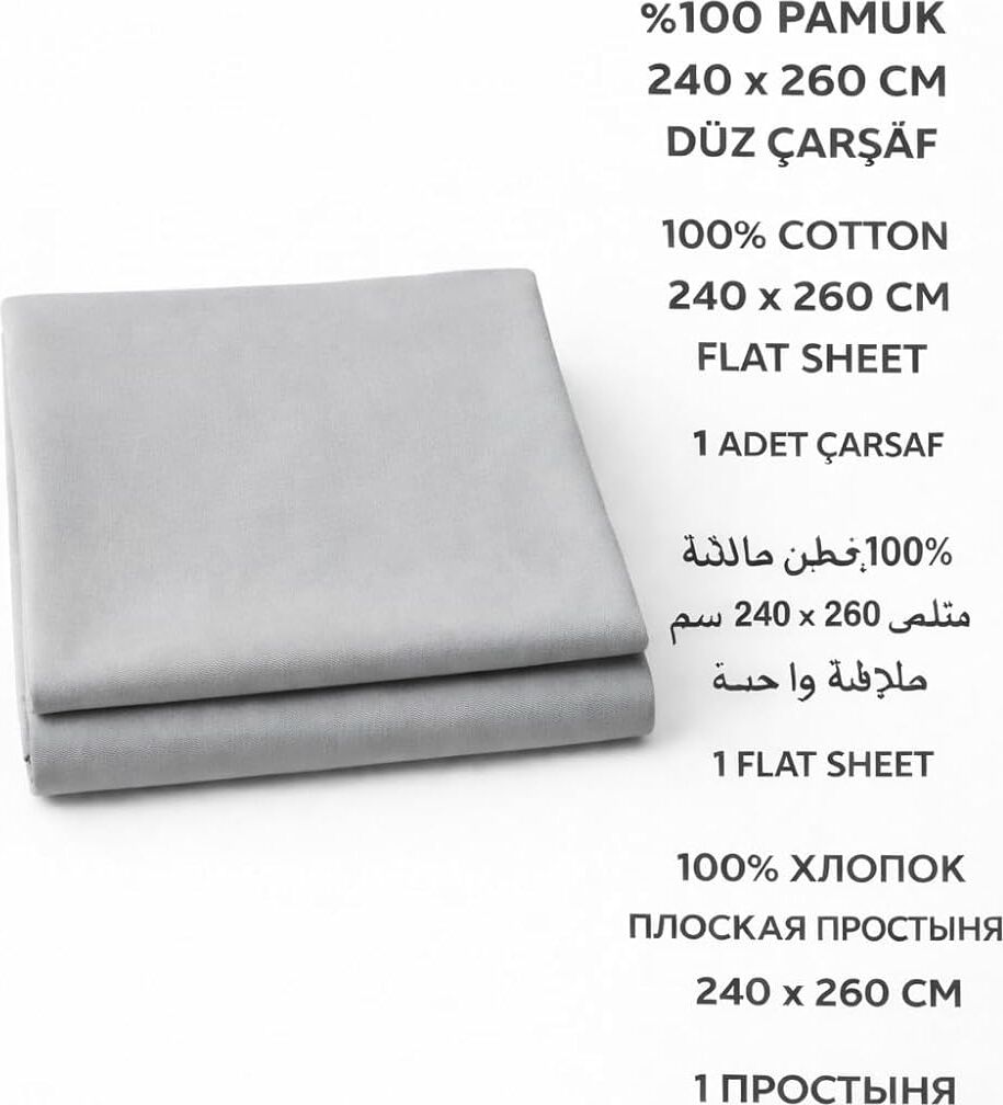 COTTONEST%100 Pamuk Düz Çarşaf 240X260 cm Çift Kişilik Büyük Boy Çarşaf – Yumuşak, Nefes Alabilen, Dayanıklı Tek Parça Üst Çarşaf (Gri)