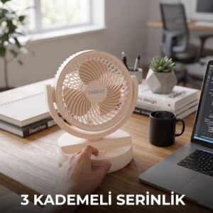 Airx USB Masaüstü Fan - 7 Inç Sessiz Mini Vantilatör, 90 Derece Ayarlanabilir Açılı 3 Kademeli Güçlü Hava Sirkülasyonlu Kablolu Masa Fanı (Krem)