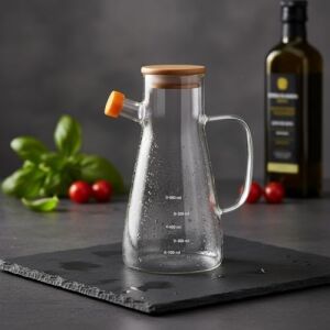 1 Adet 900 ml Bambu Kapaklı Borosilikat Cam Yağlık ve Sirkelik, Isıya Dayanıklı ve Ölçekli Tasarım, Damlatmaz Ağızlı Modern Mutfak Sosluk Şişesi