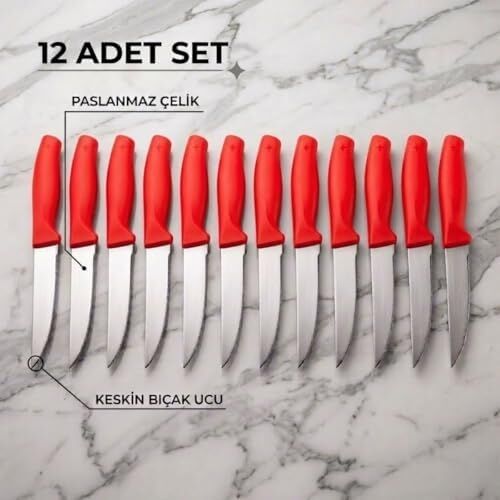 Paslanmaz Çelik Meyve Bıçağı Seti, Kırmızı Saplı, 12 Parça, Mutfak Bıçakları