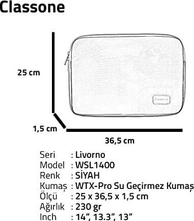 Classone Livorno WSL1400 13-14'' Notebook Tablet Kılıf-Siyah