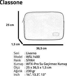 Classone Livorno WSL1400 13-14'' Notebook Tablet Kılıf-Siyah