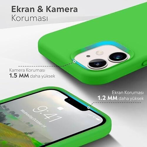 iPhone Kılıf Ince Sıvı Silikon 3 Katmanlı Tam Kaplamalı Yumuşak Jel Kauçuk Kılıf Kapak (Fosfor Yeşil, iPhone 11)