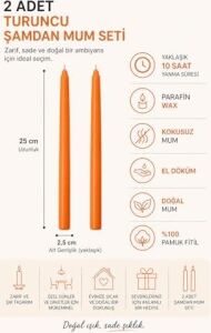 2’li Şamdan Turuncu Mum Seti 25 cm – Dekoratif Ince Şamdan Mum, Kokusuz Parafin WAX,%100 Pamuk Fitil, El Döküm, Uzun Süre Yanma (~10 Saat), Şık Sofra, Davet, Nişan, Düğün ve Ev Dekorasyonu Için Zarif
