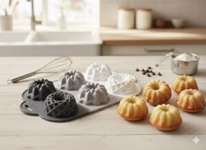 6 Bölmeli Silikon Muffin ve Mini Kek Kalıbı - 3 Farklı Estetik Geometrik Desen, Yapışmaz ve Esnek Pişirme Seti, Modern Degrade Tasarım (Gri-Beyaz-Antrasit)