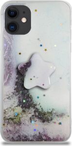 Apple iPhone 11 ile Uyumlu Kapak Mermer Desenli Pop Socketli Silikon Kılıf - Beyaz